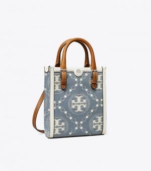 Women's Tory Burch Mini T Monogram Denim Tote Bags | DTJUQV-159