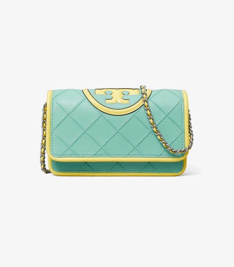 Women's Tory Burch Fleming Soft Patent Border Chain Wallet Mini Bags | NLXRWD-086