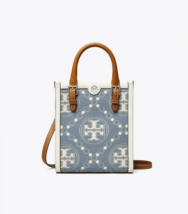 Women's Tory Burch Mini T Monogram Denim Tote Bags | DTJUQV-159