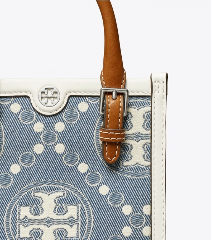 Women's Tory Burch Mini T Monogram Denim Tote Bags | DTJUQV-159