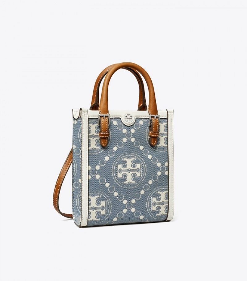 Women\'s Tory Burch Mini T Monogram Denim Tote Bags | DTJUQV-159