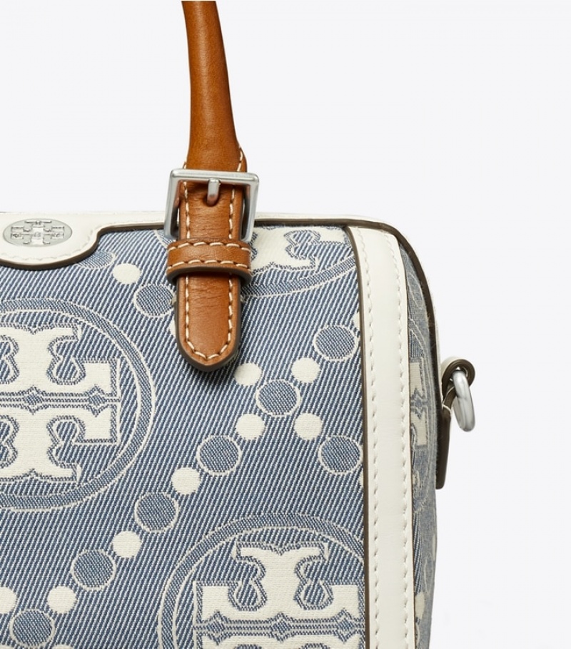 Women's Tory Burch Petite T Monogram Denim Barrel Crossbody Bags | SAUNKB-569