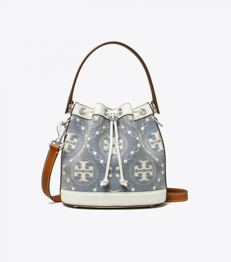 Women's Tory Burch T Monogram Denim Bucket Bags | BUVJQI-195