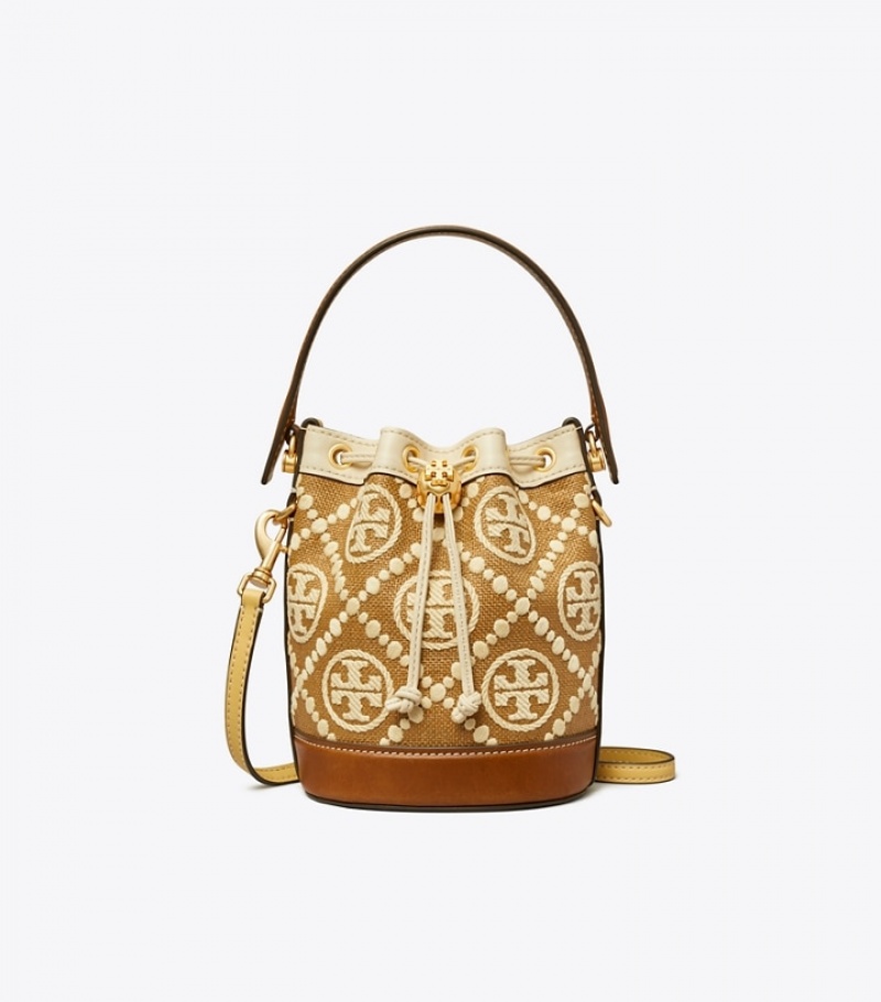 Women's Tory Burch T Monogram Embroidered Raffia Mini Bucket Bags | ZVLHBX-326