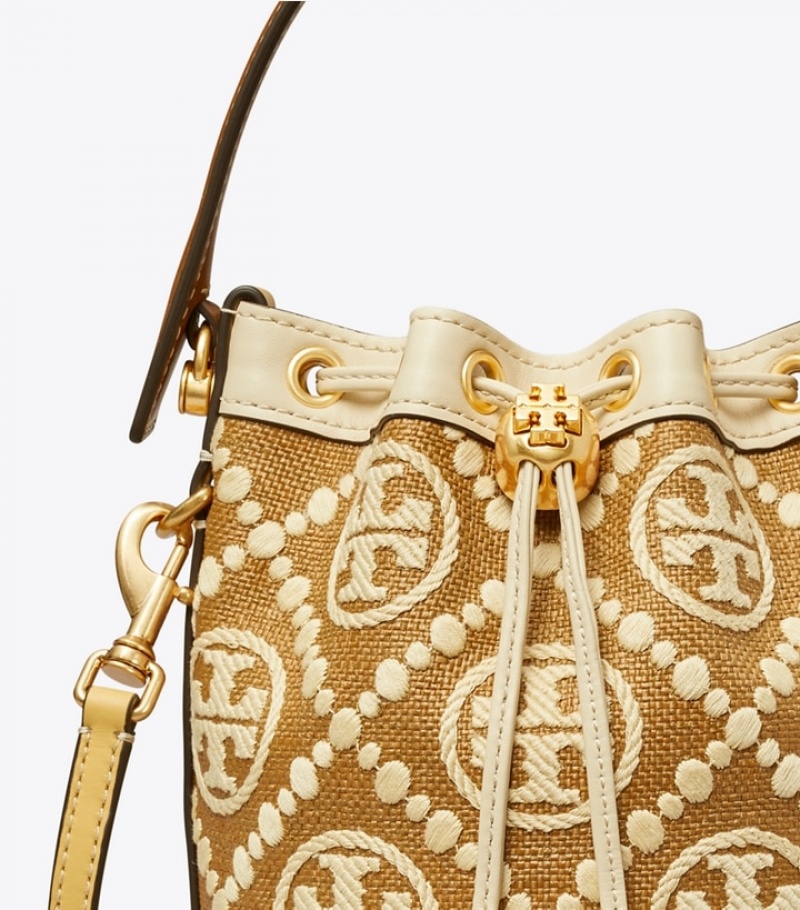 Women's Tory Burch T Monogram Embroidered Raffia Mini Bucket Bags | ZVLHBX-326