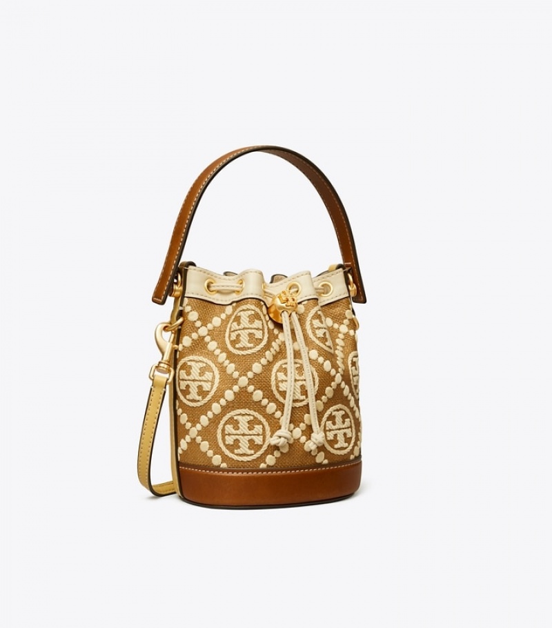 Women\'s Tory Burch T Monogram Embroidered Raffia Mini Bucket Bags | ZVLHBX-326